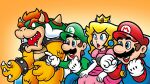  1girl 3boys armlet blonde_hair blue_eyes blue_overalls bowser bracelet brown_hair clenched_hands crown doc_shoddy dress earrings elbow_gloves facial_hair gloves gradient_background green_headwear green_shirt hat highres horns jewelry long_hair luigi mario mario_(series) multiple_boys mustache nakaue_shigehisa_(style) open_mouth orange_background overalls pink_dress pointing princess_peach puffy_short_sleeves puffy_sleeves red_hair red_headwear red_shirt shirt short_hair short_sleeves sitting sphere_earrings spiked_armlet spiked_bracelet spikes teeth upper_teeth_only white_gloves 