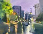  apartment building car highres light motor_vehicle motorcycle no_humans original painting_(medium) pastel_colors power_lines purple_sky reflective_floor road sakaue111 scenery sky street traditional_media tree utility_pole watercolor_(medium) window 