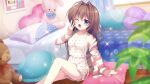  1girl bare_legs bedroom blue_eyes blurry blurry_foreground brown_hair curtains dot_nose dutch_angle film_grain full-length_zipper futon game_cg hair_down hair_intakes heart heart_pillow indoors izumi_tsubasu lens_flare long_hair long_sleeves non-web_source official_art one_eye_closed open_clothes open_mouth pajamas picture_(object) pillow plant polka_dot re:stage! shikimiya_aone single_off_shoulder sitting skirt solo sparkle striped striped_sweater stuffed_animal stuffed_rabbit stuffed_toy sweater tank_top teddy_bear white_skirt white_tank_top window wooden_floor yawning zipper 