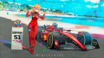  1girl artist_name beach car character_name confetti crunchyroll ferrari ferrari_sf-23 formal formula_one highres imrinzlergtz_art love_live! love_live!_superstar!! motor_vehicle orange_hair pirelli podium pointing pointing_at_self purple_eyes racetrack racing_suit scuderia_ferrari shell_(company) shibuya_kanon spoiler_(automobile) suit tire trophy vehicle_name 