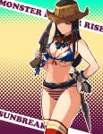  1girl absurdres belt bikini black_belt boots breasts brown_headwear cleavage copyright_name cowboy_hat dual_wielding eyeshadow gloves gunblade hat highres hinoa holding ishiyumi long_hair looking_at_viewer low-tied_long_hair makeup medium_breasts monster_hunter_(character) monster_hunter_(series) monster_hunter_rise one_eye_closed red_eyeshadow red_footwear smile solo striped striped_bikini swimsuit thigh_boots very_long_hair weapon white_bikini white_gloves 