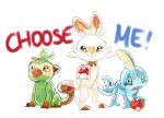  absurd_res amber_eyes ambiguous_gender blue_eyes blue_text byemyfriends feral generation_8_pokemon green_eyes grookey group hi_res looking_at_viewer looking_down looking_up nintendo pokeball pokemon pokemon_(species) red_text scorbunny simple_background sobble text trio white_background 