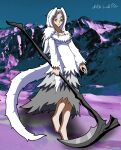  animal_humanoid barefoot clothed clothing crossbreed_priscilla dark_souls dragon feet female fluffy fluffy_tail fromsoftware green_eyes hair hi_res holding_object holding_weapon humanoid humanoid_pointy_ears hybrid long_hair melee_weapon mountain nikku_lunatique polearm scythe snow solo standing tail weapon white_clothing white_hair 