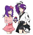  3girls :d ^_^ arms_behind_back bare_shoulders beret black_shorts blunt_bangs bow chibi closed_eyes closed_mouth cowboy_shot cropped_legs detached_sleeves dress hachimaki hanazono_mia hanazono_shuuka hand_on_own_hip hands_up hat headband idol_time_pripara japanese_clothes kimono long_hair long_sleeves looking_at_viewer multiple_girls nojima_minami pink_bow pink_dress pink_sleeves ponytail pretty_(series) pripara purple_eyes purple_hair red_headwear short_kimono shorts siblings side_ponytail simple_background sisters smile standing toudou_shion very_long_hair wavy_hair white_background white_headband wide_sleeves yellow_eyes 