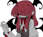  1girl bat_wings breasts colored_skin grey_skin grey_vest hair_over_eyes hand_up head_wings koakuma long_bangs long_hair massakasama medium_breasts multiple_tongues necktie pointy_ears red_hair red_necktie sharp_teeth sidelocks simple_background solo teeth tongue tongue_out touhou upper_body upper_teeth_only vest white_background wings 