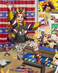 1boy :d action_figure aged_down all_might all_might_(cosplay) alternate_costume american_flag american_flag_print arm_up artist_name backpack bag bakugou_katsuki bangs_pinned_back bed birthday birthday_cake blanket blonde_hair blue_sky blurry boku_no_hero_academia bright_pupils burnt cake candle character_doll character_hood character_name character_pillow character_print clenched_hand clothes_writing cloud collarbone collared_shirt commentary cosplay curly_hair curtains dark_green_hair depth_of_field drawstring dress_shirt english_commentary fingersmile flag_print floating_clothes food foot_out_of_frame freckles gakuran green_eyes green_hair hairband hand_up happy heart hello_kitty hello_kitty_(character) hello_kitty_print high_collar highres hood hood_down hooded_jacket imitating indoors jacket knee_up kneehighs long_sleeves looking_at_viewer male_focus merchandise midoriya_inko midoriya_izuku multicolored_clothes multicolored_jacket notebook open_clothes open_hand open_jacket open_mouth outstretched_arms outstretched_hand pants pants_rolled_up perspective photo_(object) polka_dot poster_(object) print_shirt rug school_uniform shirt short_hair single_horizontal_stripe sky smile socks solo sony_(gaysony) spiked_hair standing standing_on_one_leg star_(symbol) superhero t-shirt table v-shaped_eyebrows white_pupils white_shirt yagi_toshinori yellow_bag 