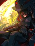  1girl 621_(armored_core_6) absurdres armored_core armored_core_6 black_hair bleeding_from_forehead blood blood_on_face breasts cockpit control_stick explosion getsome harness helmet highres mecha nosebleed piloting plugsuit robot scar scar_on_face solo 