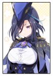  1girl black_corset black_hair blue_cape blue_headwear breasts cape clorinde_(genshin_impact) closed_mouth corset epaulettes genshin_impact gloves hat hat_feather highres kabu_usagi large_breasts long_hair purple_eyes shoulder_cape solo tricorne upper_body vision_(genshin_impact) white_gloves 