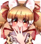  1girl animal_ears bow bowtie brown_hair cat_ears cat_girl extra_ears highres hikarikmy kemono_friends kemono_friends_v_project large-spotted_genet_(kemono_friends) long_hair looking_at_viewer microphone red_background red_eyes ribbon shirt simple_background solo twintails upper_body virtual_youtuber 