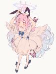  1girl absurdres airseal animal_ears arms_up blue_archive blush bow bowtie breasts bug butterfly buttons capelet double-breasted dress fake_animal_ears feathered_wings flower hair_bun hair_flower hair_ornament hair_scrunchie halo highres large_breasts long_hair looking_at_viewer low_wings mika_(blue_archive) open_mouth pantyhose pink_hair rabbit_ears scrunchie sidelocks single_side_bun white_capelet white_dress white_pantyhose wings wrist_scrunchie yellow_eyes 