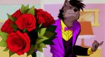  2023 4_fingers ahriman_(artist) anthro biped blue_eyes bouquet bow_tie canid canine canis clothing fingers flower fur grey_body grey_fur hi_res holding_flower holding_object inside jacket looking_at_viewer male mammal nu_pogodi plant purple_clothing purple_jacket purple_topwear raised_finger raised_pinky rose_(flower) solo soyuzmultfilm topwear volk wolf 
