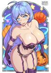  1girl ahoge black_gloves black_thighhighs blue_eyes blue_hair boku_no_hero_academia breasts cleavage elbow_gloves garter_straps gloves hadou_nejire halloween jack-o&#039;-lantern large_breasts long_hair looking_at_viewer navel pumpkin redjet revealing_clothes solo star_(symbol) thighhighs 