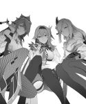  absurdres bare_shoulders black_thighhighs eula_(genshin_impact) fishnets genshin_impact greyscale hairband highres looking_at_viewer monochrome rosaria_(genshin_impact) shenhe_(genshin_impact) sitting takai_isshiki thighhighs white_background 