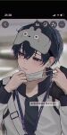  1boy bag battery_indicator black_hair blue_eyes blue_lock blush chromatic_aberration closed_mouth collared_shirt commentary_request earphones eye_mask hair_between_eyes highres holding id_card isagi_yoichi long_sleeves male_focus mask moguu_oo0 mouth_mask shirt short_hair solo totoro translation_request upper_body wifi_symbol zipper zipper_pull_tab 