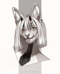  abstract_background anthro black_horn black_markings blep bust_portrait ear_piercing fangs female front_view glistening glistening_eyes hair hi_res horn marie_merkh markings mouth_closed orange_eyes piercing portrait solo teeth tongue tongue_out white_body white_hair 