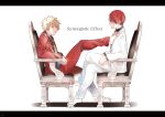  2boys 5_(toriaezu555) bakugou_katsuki barefoot black_shirt blonde_hair boku_no_hero_academia burn_scar chair closed_mouth collared_shirt commentary_request crossed_legs dress_shirt feet foot_on_chest full_body jacket lapels leg_up letterboxed long_sleeves looking_at_another male_focus multicolored_hair multiple_boys necktie no_shoes on_chair open_clothes open_jacket open_mouth pants profile red_eyes red_hair red_jacket red_necktie red_pants scar scar_on_face shadow shirt short_hair simple_background sitting spiked_hair split-color_hair todoroki_shouto two-tone_hair white_background white_hair white_jacket white_pants wing_collar 