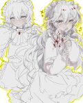  2girls ascot blood blood_on_clothes blood_on_face charlotte_wiltshire charlotte_wiltshire_(q84) dress dual_persona gem hello_charlotte highres long_sleeves maid_headdress monaka78289685 multiple_girls open_mouth outline red_gemstone sketch sparkle white_ascot white_background white_dress white_eyes white_hair yellow_outline 