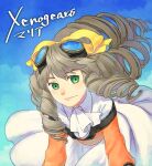  1girl ascot blue_sky bow closed_mouth collared_dress copyright_name day dress drill_hair goggles goggles_on_head green_eyes hair_bow long_hair long_sleeves looking_at_viewer maria_balthasar outdoors pmpk protected_link sky smile white_ascot white_dress white_hair xenogears yellow_bow 