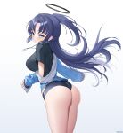  1girl ass bare_legs black_shirt blue_archive blue_buruma blue_jacket blush breasts buruma collarbone commentary_request double_vertical_stripe elsynien gradient_background gym_shirt gym_uniform halo highres holding jacket large_breasts long_hair looking_at_viewer name_tag ponytail purple_hair shirt short_sleeves simple_background solo star_sticker sticker_on_face thighs toes yuuka_(blue_archive) yuuka_(track)_(blue_archive) 