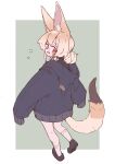  1girl absurdres animal_ear_fluff animal_ear_headwear animal_ears bandaid bandaid_on_cheek bandaid_on_face black_footwear black_hoodie blonde_hair blush border commentary double_bun film_grain fox_ears fox_girl fox_tail from_behind green_background hair_bun highres hood hood_down hoodie kneehighs loafers long_sleeves looking_back megateru nose_blush open_mouth original outside_border red_eyes shoes short_hair sideways_mouth simple_background sleeve_cuffs sleeves_past_fingers sleeves_past_wrists socks solo standing tail white_border white_socks 