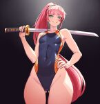  1girl aqua_eyes ass_visible_through_thighs blunt_bangs breasts competition_swimsuit covered_navel gradient_background hand_on_own_hip highleg highleg_swimsuit highres holding holding_sword holding_weapon katana kuso_otoko long_hair looking_at_viewer one-piece_swimsuit pink_hair ponytail small_breasts smile solo swimsuit sword uragoner weapon 