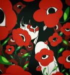  1girl bare_shoulders black_background black_hair blunt_bangs covered_mouth crying extra_eyes facial_mark flower from_side highres hu_(saimens) long_hair looking_at_viewer looking_to_the_side original red_flower signature solo straight_hair tears_from_one_eye trypophobia upper_body 