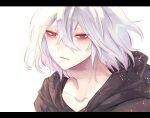  1boy anoko_(darenokoanoko) black_jacket black_shirt boku_no_hero_academia highres hood hooded_jacket jacket male_focus medium_hair mole mole_under_mouth red_eyes scar scar_on_face shigaraki_tomura shirt solo white_background white_hair wrinkled_skin 