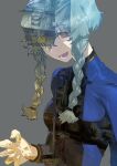  1girl absurdres amane_suzuha blue_bodysuit blue_hair bodysuit braid commentary_request curled_fingers grey_background hair_over_one_eye hair_tie highres huke looking_at_viewer multicolored_eyes open_mouth short_hair_with_long_locks smile solo steins;gate twin_braids 