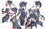  1girl absurdres arm_behind_head arm_up armpits ass bare_shoulders black_dress black_gloves black_hair blue_archive braid braided_bun breasts butterfly_hair_ornament china_dress chinese_clothes commentary cs/ls06 double_bun dragon_print dress etoile gloves grey_eyes gun hair_bun hair_ornament highres holding holding_weapon kisaki_(blue_archive) long_hair looking_at_viewer md5_mismatch medium_breasts multiple_views pelvic_curtain print_dress revision sleeveless sleeveless_dress small_breasts submachine_gun twintails weapon 