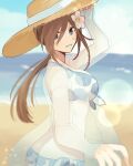  1girl aomattya arm_up beach bikini blue_bikini blue_eyes blue_sky breasts brown_hair cloud cloudy_sky floral_print flower from_side front-tie_bikini_top front-tie_top hair_between_eyes hair_flower hair_ornament hand_on_headwear hat highres horizon large_breasts long_hair looking_at_viewer looking_back looking_to_the_side low_ponytail ocean open_clothes open_shirt outdoors parted_lips pov print_bikini sand see-through see-through_shirt sky smile solo straw_hat summer swimsuit tales_of_(series) tales_of_the_abyss tear_grants upper_body 