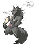  2011 anthro arm_tuft bodily_fluids breasts canid canine canis cum cum_on_self ejaculation elbow_tuft english_text forced forced_transformation fur genital_fluids grey_body grey_fur human human_to_anthro kneeling male mammal mxl neck_tuft red_eyes simple_background solo species_transformation suit_transformation text thought_bubble transformation transformation_through_masturbation tuft white_background wolf zipper 