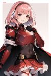  1girl ai-generated armor belt black_gloves cape fire_emblem fire_emblem_engage gloves hairband highres hitta_99 lapis_(fire_emblem) looking_at_viewer medium_hair midriff navel pink_eyes pink_hair red_armor ribbon skirt smile solo white_ribbon 