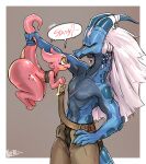  2022 absurd_res anthro belt_buckle big_butt blue_body bulge butt caught dragon duo female hair hi_res huge_butt kobold larger_male long_hair male noctoc red_body scar size_difference smaller_female tail tail_grab 
