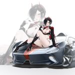  1girl absurdres azur_lane black_bra black_hair black_jacket boots bra breasts car criss-cross_halter hair_over_one_eye halterneck high_heel_boots high_heels highres horns jacket latex latex_bra latex_panties long_hair long_sleeves looking_at_viewer medium_breasts motor_vehicle panties race_queen red_horns short_hair simple_background sitting_on_car suo_bu_ye_feng ulrich_von_hutten_(azur_lane) ulrich_von_hutten_(ignition_matrician)_(azur_lane) underwear very_long_hair white_background yellow_eyes zoom_layer 