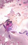  1girl absurdres animal_ears artist_name asami_okutoshioku branch cherry_blossoms chinese_commentary cowboy_shot falling_flower fingernails hair_ornament highres holding holding_wand league_of_legends lillia_(league_of_legends) long_hair looking_to_the_side nail_polish outdoors parted_bangs parted_lips pink_eyes pink_nails single_bare_shoulder solo spirit_blossom_(league_of_legends) spirit_blossom_lillia standing tree wand white_hair 