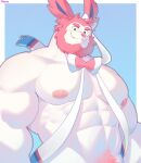  2023 anthro beard blue_blackground blue_eyes bow_tie eeveelution el_tacc0 facial_hair generation_6_pokemon hi_res looking_at_viewer male muscular muscular_anthro muscular_male nintendo nipples pink_nipples pink_nose pokemon pokemon_(species) pubes simple_background smile solo sylveon white_body 