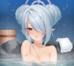  1girl absurdres blue_archive blush bokuhakiyoshi breasts collarbone completely_nude dark-skinned_female dark_skin double_bun grey_hair hair_bun hair_over_one_eye highres iori_(blue_archive) medium_breasts nude onsen parted_lips partially_submerged pointy_ears portrait red_eyes revision short_hair solo water wet white_towel 