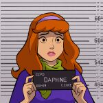  1girl barbie_mugshot_(meme) beth_turnsek card character_name daphne_ann_blake english_text hairband height_chart height_mark holding holding_card holding_sign looking_at_viewer meme mugshot orange_hair prisoner purple_hairband scooby-doo sign solo teeth upper_body worried 