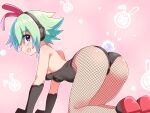 1girl ahoge animal_ears ass azure_striker_gunvolt black_gloves black_leotard black_pantyhose blue_eyes breasts commentary cougar_(cougar1404) elbow_gloves fake_animal_ears fake_tail fishnet_pantyhose fishnets from_side gloves green_hair headgear leotard looking_at_viewer medium_breasts open_mouth pantyhose playboy_bunny rabbit_ears rabbit_tail red_footwear roro_(gunvolt) shoes short_hair smile solo tail 