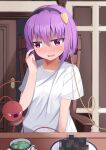  absurdres bad_food black_hairband blush buttons censored eyeball hair_ornament hairband heart heart_button heart_hair_ornament heart_of_string highres komeiji_satori mosaic_censoring open_mouth oreo_kirisame purple_eyes purple_hair shirt short_hair sitting t-shirt third_eye touhou 