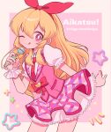  1girl aikatsu! aikatsu!_(series) blonde_hair blush bow character_name commentary_request copyright_name frilled_skirt frills hair_between_eyes hair_bow hairband highres holding holding_microphone hoshimiya_ichigo idol_clothes layered_skirt long_hair looking_at_viewer mayura_nebo microphone necktie one_eye_closed pink_bow pink_eyes pink_necktie pink_skirt pink_vest puffy_short_sleeves puffy_sleeves short_sleeves skirt smile solo star_(symbol) tongue tongue_out vest wrist_cuffs yellow_bow 