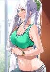  1girl bare_arms bare_shoulders blush breasts cleavage collarbone commentary_request eve_santaclaus from_side green_scrunchie green_sports_bra hair_ornament hair_scrunchie highres idolmaster idolmaster_cinderella_girls large_breasts long_hair mk_(mod0) navel parted_lips ponytail scrunchie sidelocks smartwatch solo sports_bra stomach sweat towel watch white_hair wristwatch yellow_eyes 