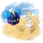  1girl arm_up beach blonde_hair blunt_bangs cosmog day following green_eyes lillie_(pokemon) long_hair looking_up ocean pleated_skirt pokemon pokemon_(game) pokemon_sm ponytail running shiomipon shirt skirt socks white_footwear white_shirt white_skirt white_socks 