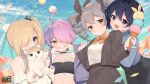  4girls :d ahoge balloon benghuai_xueyuan black_choker black_skirt blonde_hair blue_eyes blue_hair blue_sky blue_sweater bob_cut bow bowtie bronya_zaychik brown_jacket brown_skirt cat choker closed_mouth cloud cloudy_sky collared_shirt copyright_name drill_hair ferris_wheel fishnets food grey_eyes grey_hair grin hair_bow hair_over_one_eye highres holding holding_food homu_(honkai_impact) honkai_(series) ice_cream jacket long_sleeves multicolored_hair multiple_girls ninti_apokalypse official_art open_mouth orange_bow orange_bowtie pink_hair polka_dot polka_dot_bow purple_eyes purple_hair purple_jacket seele_vollerei sharp_teeth shirt short_hair side_ponytail sin_mal skirt sky smile sweater teeth third-party_source twin_drills two-tone_hair white_shirt white_sleeves yellow_eyes 