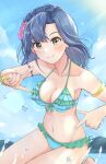  1girl armlet bare_shoulders bikini blue_hair blue_sky blush braid breasts cleavage closed_mouth cloud day dot_nose flower frilled_bikini frills hair_flower hair_ornament hands_up highres idolmaster idolmaster_million_live! idolmaster_million_live!_theater_days index_finger_raised lens_flare looking_at_viewer medium_breasts nanao_yuriko navel pink_flower red_flower shinomiyabi short_hair sky smile solo sun sunlight swimsuit two-tone_bikini water yellow_eyes yellow_wristband 