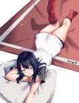  1girl aona_(anagasaki) blue_eyes cardigan gridman_universe highres kneehighs long_hair lying miniskirt on_stomach open_mouth orange_scrunchie pleated_skirt red_socks scrunchie skirt socks solo ssss.gridman takarada_rikka thighs twitter_username white_cardigan wrist_scrunchie 