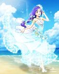  1girl :d alternate_costume aono_miki artist_request bare_shoulders beach cloud commentary dress english_commentary eyelashes fresh_precure! hair_ornament hairband happy highres long_hair looking_at_viewer ocean official_art open_mouth precure precure_connection_puzzlun purple_eyes purple_hair sky smile solo third-party_source 