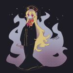  1girl artist_name black_background black_dress blonde_hair bright_pupils cosmicmind dated dress full_body hands_in_opposite_sleeves junko_(touhou) long_hair long_sleeves looking_at_viewer one-hour_drawing_challenge red_eyes simple_background solo star_(symbol) touhou very_long_hair wide_sleeves 