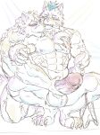  abs absurd_res anthro balls barrel_(live_a_hero) blush canid canine canis duo erection fire flaming_hair furlong_(live_a_hero) genitals handjob hi_res lifewonders live_a_hero male male/male mammal muscular muscular_anthro muscular_male nipples nude pecs penile penis pseudo_hair sex wolf yunu38 