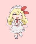 1girl blonde_hair blush capelet citrus_(place) closed_eyes dress facing_viewer fairy fairy_wings frilled_dress frills full_body hat lily_white long_hair long_sleeves open_mouth pink_background shoes simple_background smile solo touhou white_capelet white_dress white_footwear white_headwear wide_sleeves wings 